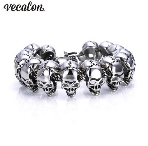 Vecalon 316L Stainless Steel Bracelet 22cm Huge Heavy Solid Silver Men's Skeleton Skull bracelet Ghost bangle Biker Punk Jewerly