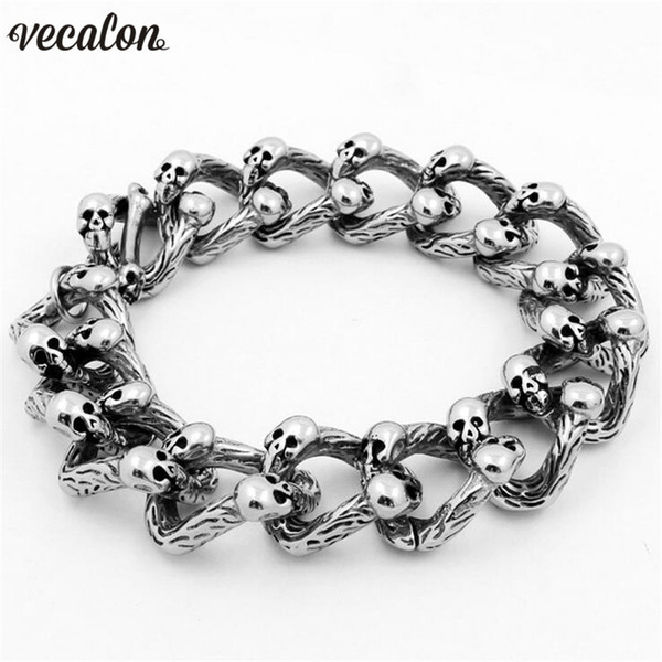 Vecalon Antique Stainless Steel Bracelet 22cm Big Silver Men's Full Skeleton Skull bracelet Ghost bangle Biker Punk Jewerly Gift