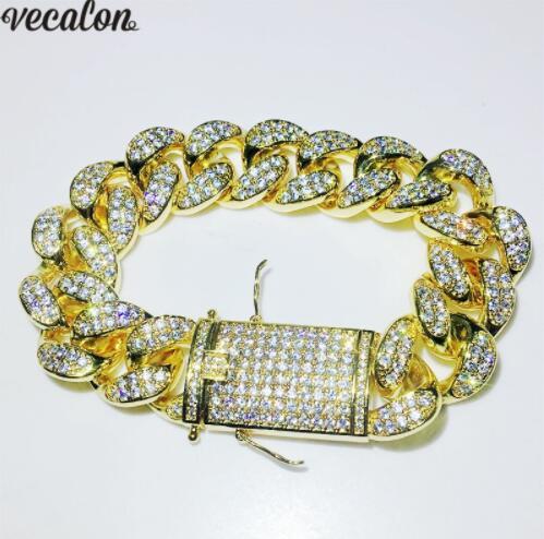 Vecalon Handmade Male Hiphop Chain Bracelet Micro Pave Diamond Cz Yellow gold filled wedding Bracelets for men Party Rock Jewelry