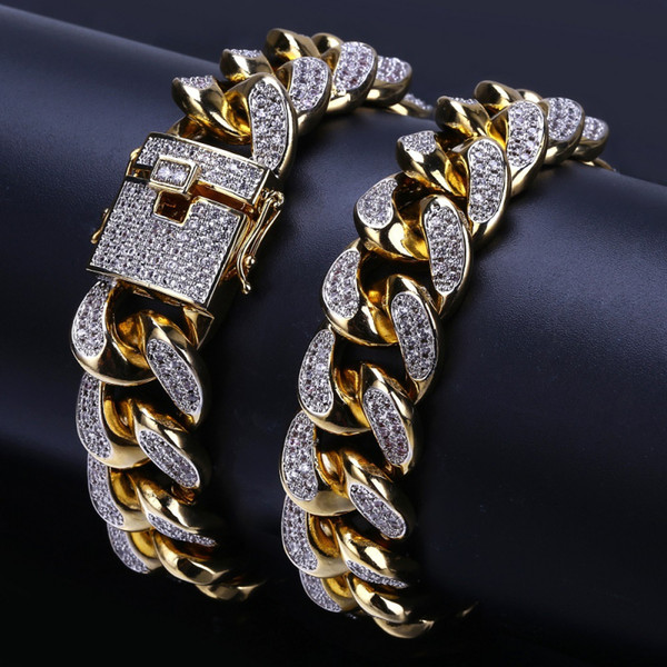 Geometric Gold Plated Copper Wide Cuban Chain Bracelet Men Hip Hop Micro-inlay Full Zircon Bracelet Fashion Jewelry Accessories Wholesale