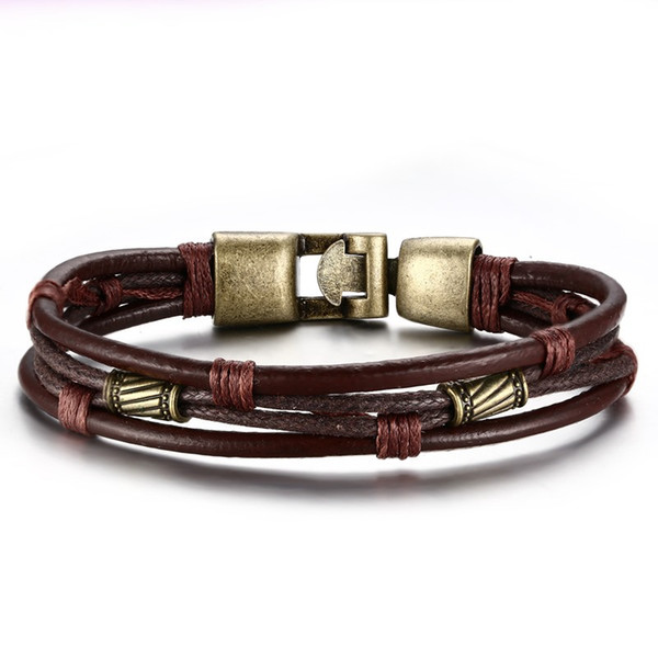 20cm Brown Leather Bracelet Men Fashion Wristband Vintage Retro Style Copper Alloy Braided Rope Charm Bangles for Male Cuff Viking Jewelry