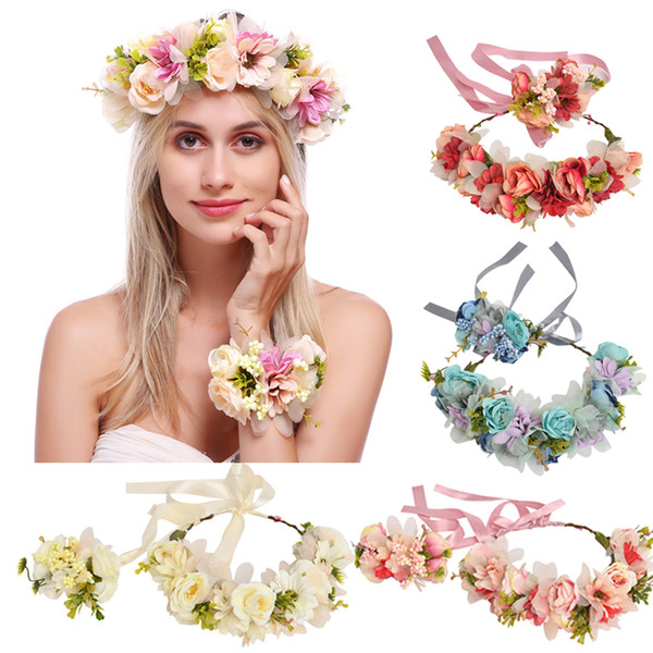 Adjustable Flower Crown and Bracelet Set Gorgeous BOHO headband with Wrist Band for women girls Daisy Rose white pink blue red beige Wedding