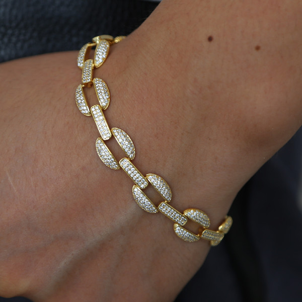 Mens gold cuban chain bracelet with cz paved new arrived hip hop mens chain bracelet jewelry iced out wide cuban bangle