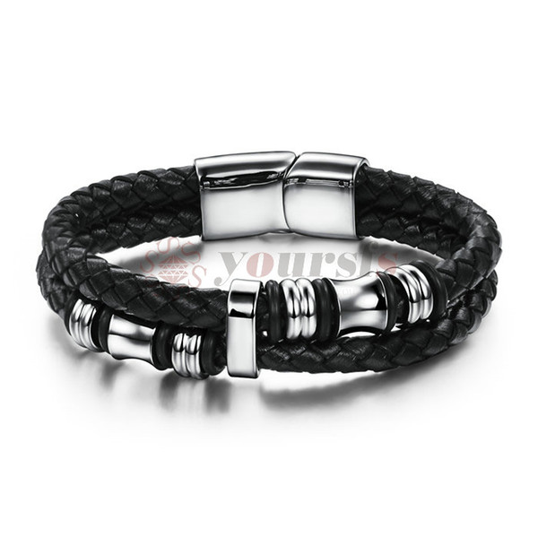 Yoursfs Leather Bracelet Men's Black Double Bracelet Jewelry Braided Leather Armlet Men's