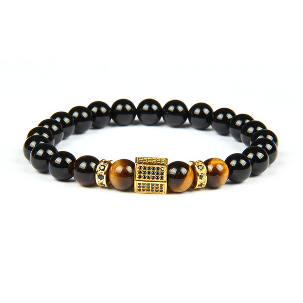 Men Luxury Gold Bracelet Wholesale Micro Pave Black Cz Hexagon Beaded Bracelets with 8mm Natural Black Onyx & Tiger Eye Stone Beads