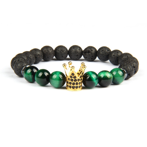 New Design Black Cz Crown Mens Beaded Bracelet Wholesale 10pcs/lot Natural Green Tiger Eye & Lava Stone Beads