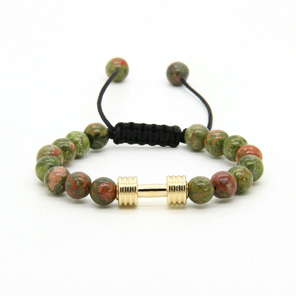 Men's Sport Bracelets Wholesale 8mm Unakite Stone Beads With New Barbell Fitness Dumbbell Macrame Charms Bracelets