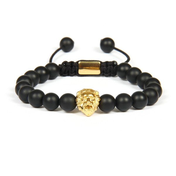 New Mens Bracelet Wholesale 10pcs/lot 8mm Matte Agate Stone With Stainless Steel Lion Head Macrame Bracelets For Party