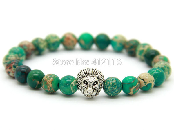 2015 Hot Sale Mens Jewelry Wholesale New Design 8mm Green Sea Sediment Stone Beads Antique Silver Lion Bracelets, Party Gift