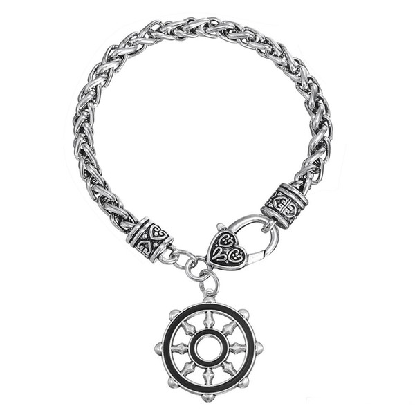 Eco-friendly Nickel and Lead Free Antique Silver Plated Religious Style Dharma Chakra Wheel Shape Pendant Bracelet