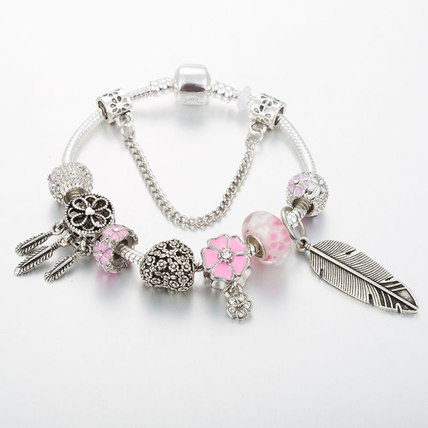 2019 New Pink crystal Heart Shaped DIY Feather Beaded Charms Bracelet Pendant Bracelets Jewelry S925 Sliver