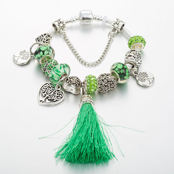 2019 High-Quality New Green Tree of Life Tassel Bracelet Pandora Crystal Beaded Charms Bracelet Cheap for Girl Hands