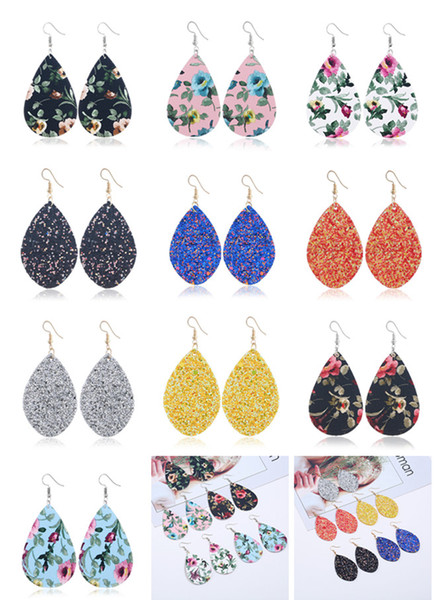 Fashion Water Drop Leather Dangle Earrings Rose Stud Earrings Printing Sequined Leather Earring For Women Best Gift