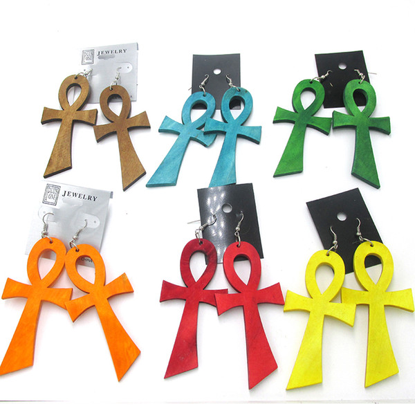 Wholesale- 10pair/lot Big Size 8cm Ankh Wood Earrings can mixed 6 colors