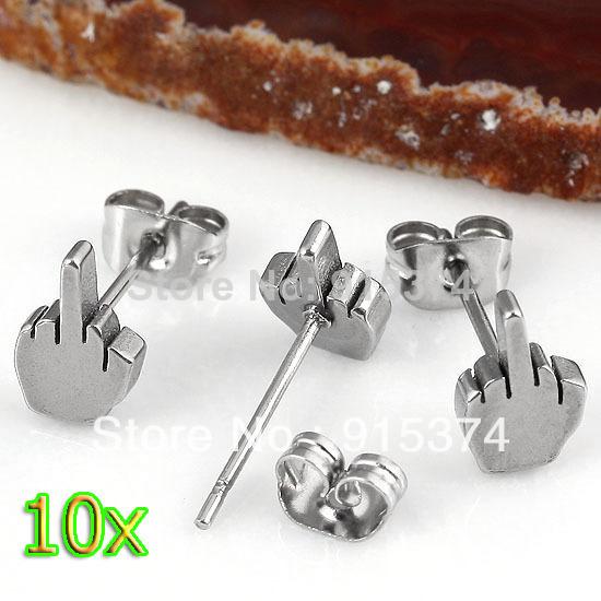 10pcs Fashion Stainless Steel Classic Middle Finger Ear Stud Men's Earring Punk Cool Silver Free shipping