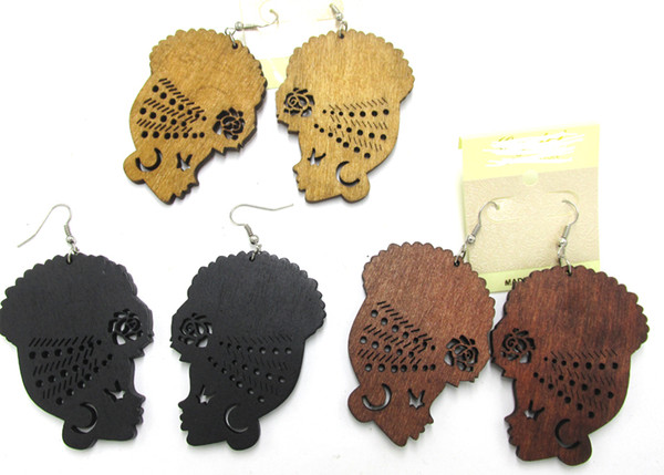 Wholesale- Free Shipping! Afro Girl Women Wooden Earrings can mixed 3 colors