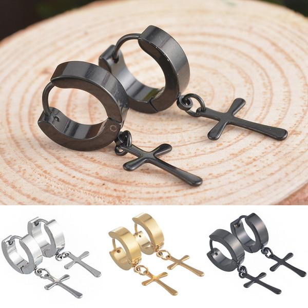 Circle Round cross earrings for men Stainless Steel Pendant Stud Earrings Punk Rock Style Male Men Earrings Jewelry