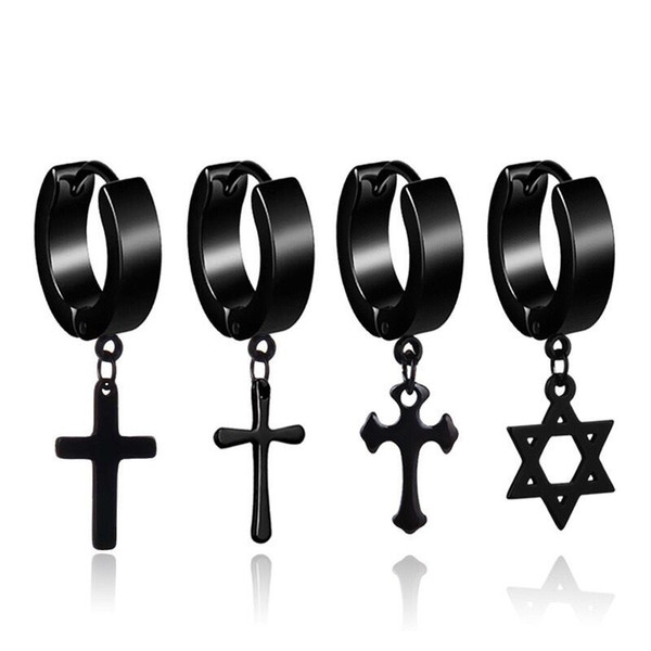 wholesale (477E) 316L Titanium steel Cross / Six Stars Drop Earrings For Men Black / White Gold Color