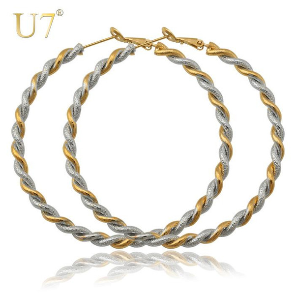 Wholesale- U7 Trendy Big Round Earrings Mix Colors Gold Color Fashion Jewelry Two Tone Hoop Earrings For Women E364