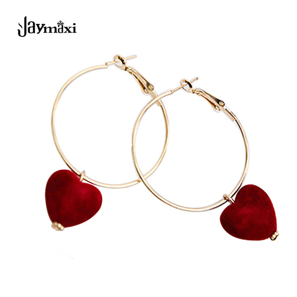 Wholesale- Love Velvet Hoop Earrings Red Black Heart Pendant Gold-Color Circle New Earrings Bijoux Gifts E201206