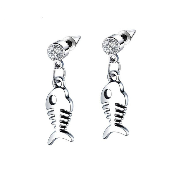 Titanium Steel Fish Bone Ear Stud Personality Titanium Steel Tide Men's Diamond Earrings Men and women Nightclub Hip Hop Earrings