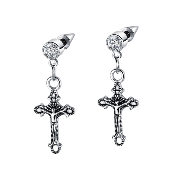 The latest retro trend jewelry Stainless steel personality cross male earrings High quality crystal earrings 3-GE505