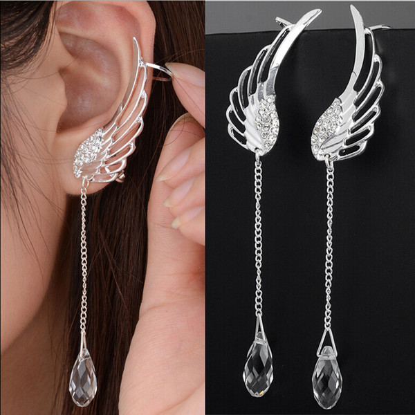 Silver Plated Angel Wing Stylist Crystal Earrings Drop Dangle Ear Stud For Women Long Cuff Earring free shipping