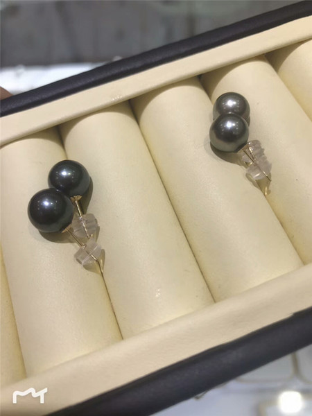 Vintage 18K Genuine Gold Natural Black Pearl Stud Earrings 9mm Pearl Earrings Freshwater Pearl