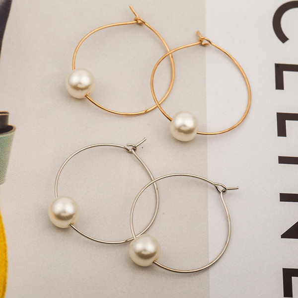 Wholesale- Simple Simulated Pearl Round Circle Hoop Earrings For Women Gold Silver Plated Loop Earring Female Ear Jewelry Accessories