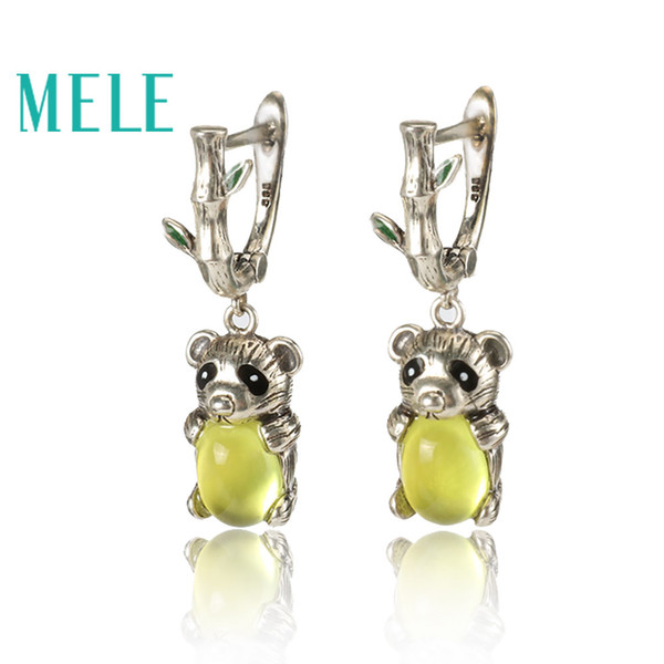 Yellow natural prehnite silver dangle earring for women and grils,cute animal Panda shape,fashion and fine jewelryY1883003