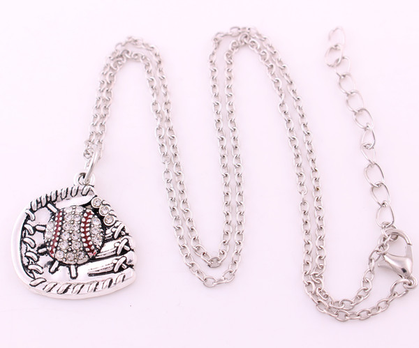 Antique Sliver Plated Studded With Sparkling Crystal BASEBALL Or SOFTBALL And Glove Sporty Charm Link Chain Necklace