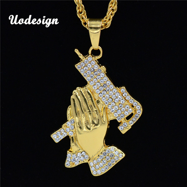 Uodesign Hip Hop New Prayer Hands and Gun Pendant Necklace For Men Luxury Iced Out Fly Pray eace Rhinestone Pandent