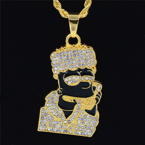 Uodesign Hip Hop Iced Out Choker Oil Crystal Rhinestone Cartoon Head Figure Pendent Necklace Present Bling Rapper Men Jewelry