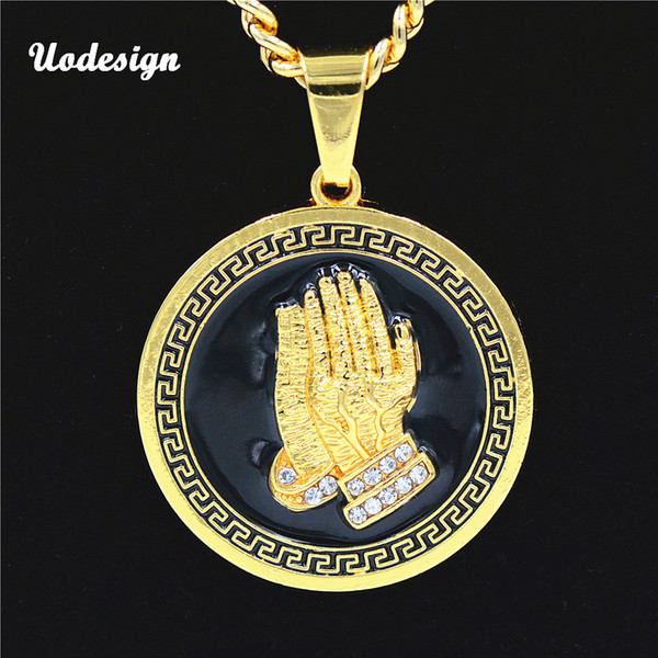 Hip Hop Prayer Hand Round Pendant Necklace Long Cuba Chain Rock Hiphop Jewelry For Male