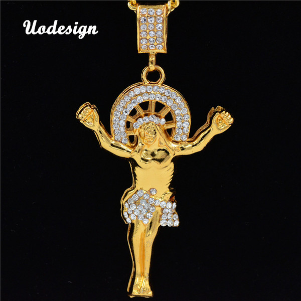 HIP Hop Bling Ice Out Crucifix Jesus Piece Pendants & Necklaces Gold Color Crystal Cross Necklace Christian Jewelry for Men