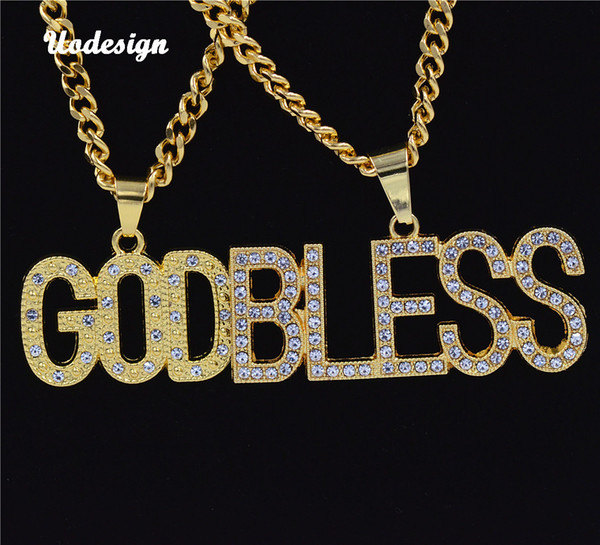 GOD BLESS Letters Pendant Necklace Hip Hop Men's Trendy Jewelry Gold Chain Necklace