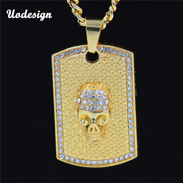 HIP Hop Iced Out Bling Skeleton Skull Pendant Necklaces Gold Color Dog Tag Pendant Necklace for Men Jewelry