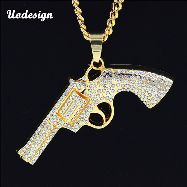 Hip Hop Gun Shape Crystal Golden Pendant Top-grade Quality Necklaces Men Women's Fashion Jewelry Gifts