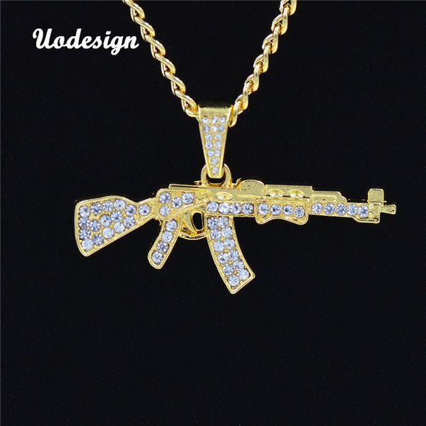 Alloy AK47 Gun Pendant Necklace Iced Out Rhinestone With Hip Hop Miami Cuban Chain Gold Color Men Jewelry