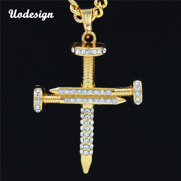 Drop Shipping Hip Hop Alloy Nail Cross Pendant Necklace Iced Out Rhinestone Gold Tone Crucifix Charm Jewelry