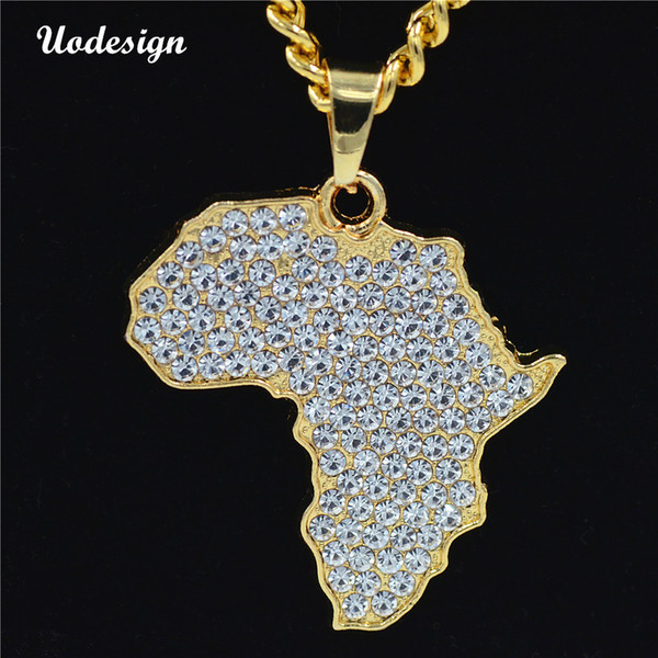 Africa Map Pendant Necklace Bling Rhinestone Crystal Gold Color Hip Hop Chain For Men/Women Gift African Jewelry Wholesale