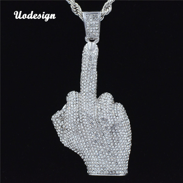 New Design Hip Hop Men Gold and Silver Color Full Crystal Rhinestone Big Middle Finger Pendants Necklaces With chain Men Jewelry