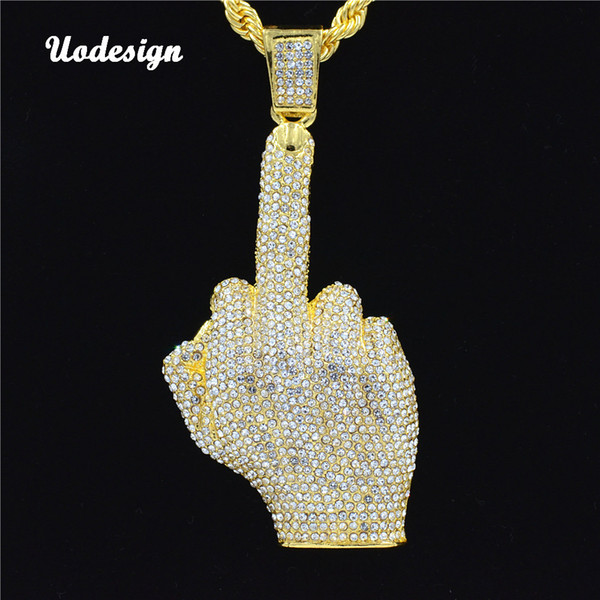 Hip Hop Men Gold Silver Color Full Rhinestone Big Middle Finger Pendants Necklaces With chain Men Jewelry