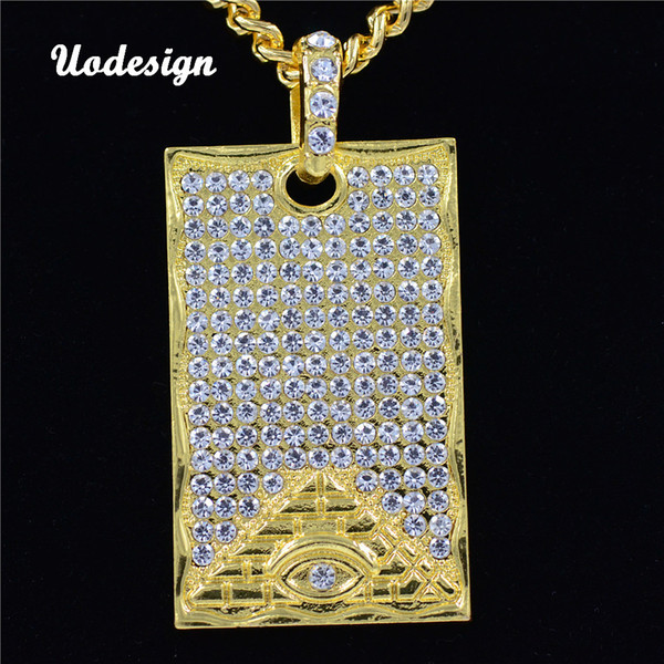 HIP Hop Bling Golden Square Dog Tag Necklaces & Pendant Iced Out Full Rhinestone Pyramid Eye Necklace For Men Jewelry