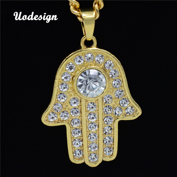 Rap Hiphop Crystal Hand Pendant Necklace with Chain Gold Color Men's Hip hop Jewelry For Men Gift