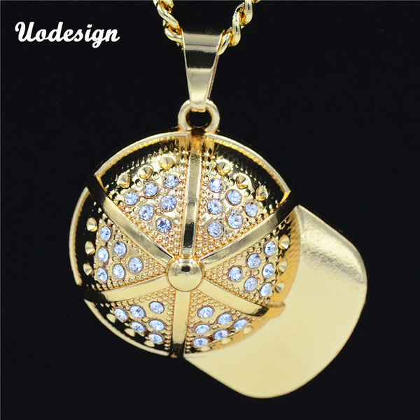 Crystal Baseball Cap Pendant Necklace Sport Hiphop Jewelry Gold Color Charm Pendant Necklace for Men Women