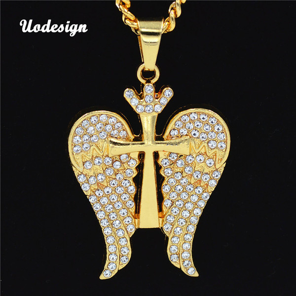 Brightly Hot Sales Rap Hiphop Necklace Angel Wings Cross Pendants Necklaces for men Gifts