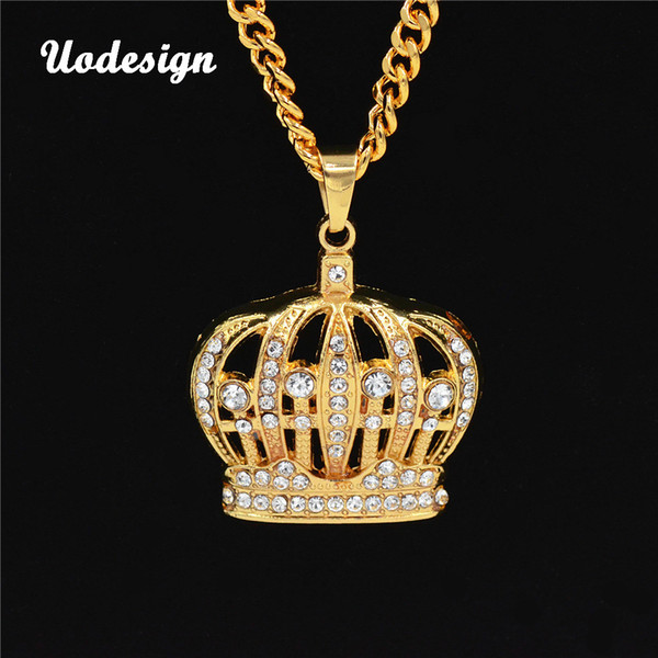 Hip Hop King Crown Pendants Necklace Iced Out Rhinestone women Necklace 75cm Alloy Rope Chain