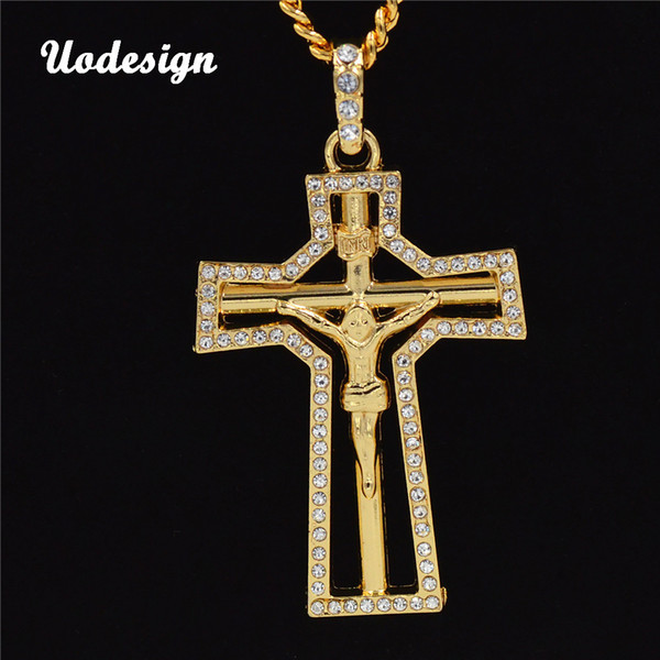 HIP Hop Ice Out Gold Color Pave Rhinestones Ally Cross Crucifix Men Pendant Necklaces for Men Jewelry