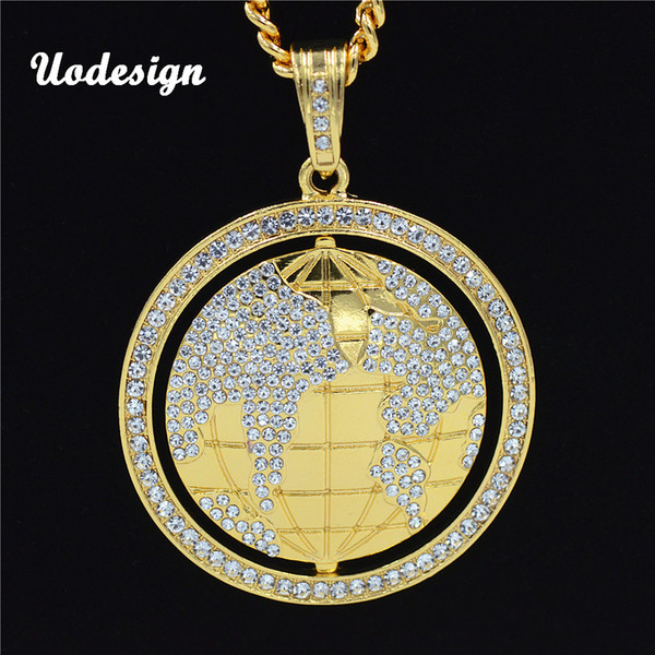 Uodesign New Crystal globe Pendant Necklace Hip hop men jewelry 30inch Cuban Chain bling bling jewelry